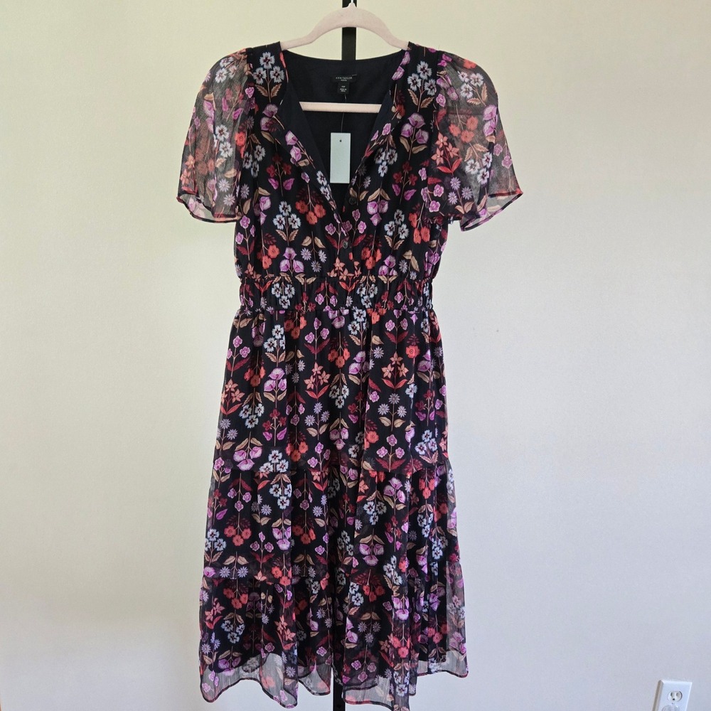Ann Taylor Petite Floral Tiered Midi Dress XSP Black Pink Flutter Sleeve NWT
